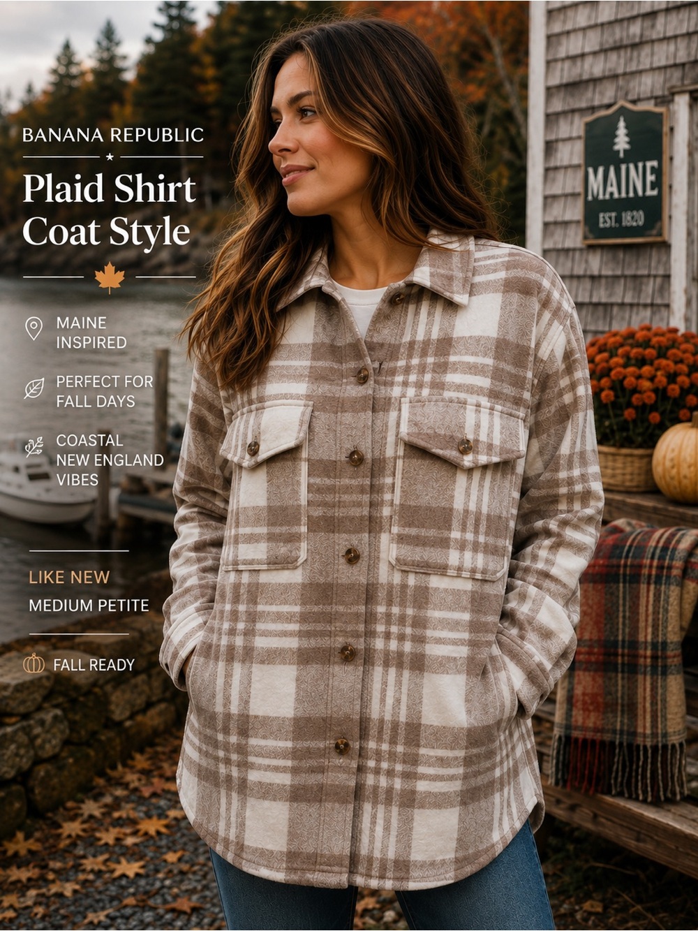 Banana Republic Plaid Shirt Coat Style Steel Neutral Plaid - Medium Petite, EUC